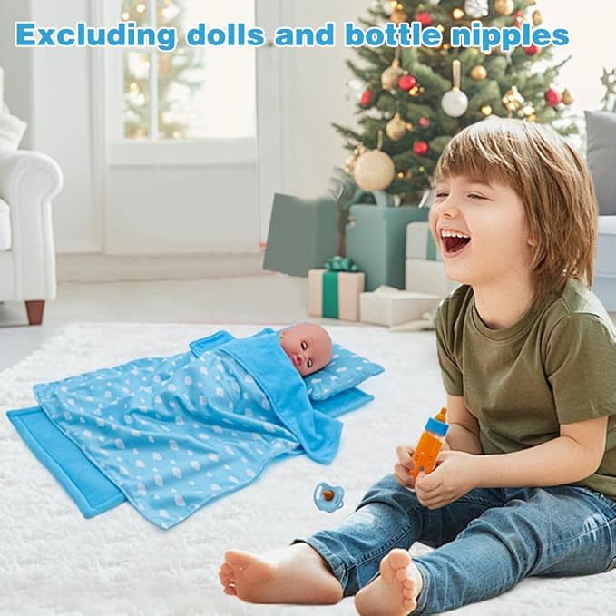 Baby Doll Accessories Dollhouse Bedding Set - Doll Blanket, Pillow & Mattress Playset for 18" Dolls,Gifts for Boys Girls Ages 3 4 5 Year Old (Blue Sky)