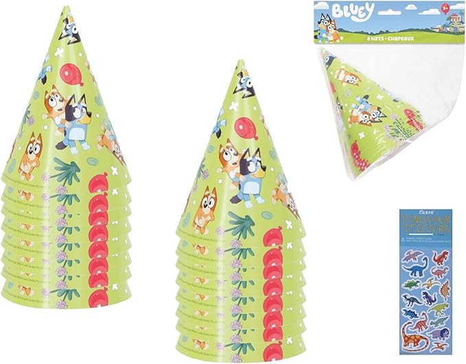 Unique Bluey Birthday Party Supplies Bundle Pack includes Party Cone Hats and 1 Dinosaur Sticker Sheet - 16 Hats