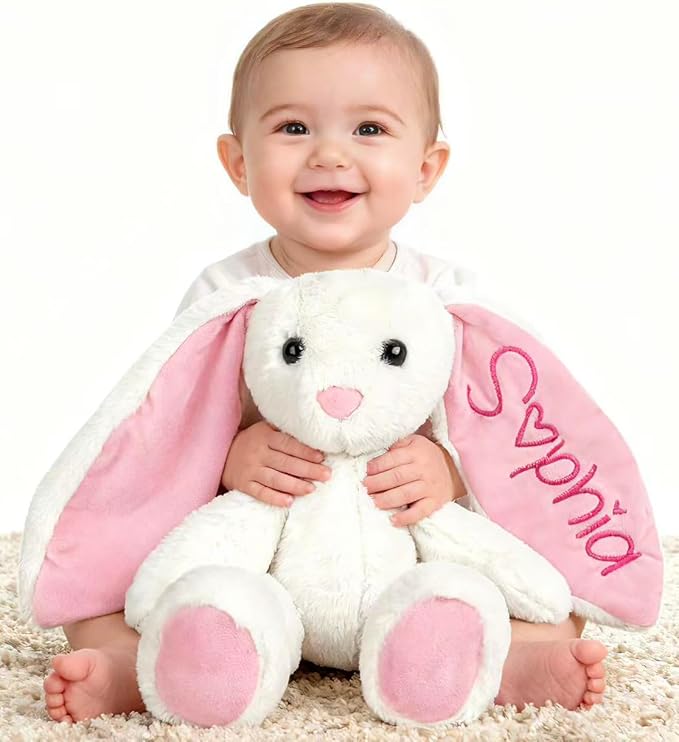 Personalized Bunny Stuffed Animals,Baby Easter Basket Stuffers,Custom Plush Bunny with Embroidered Child’s Name, Baby Girl Boy Gift, Handmade Children Easter First Birthday Plushie Gifts