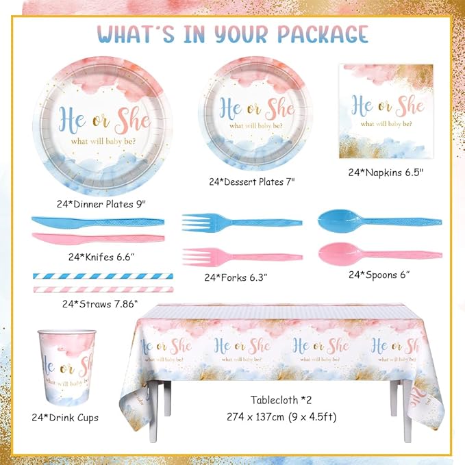 194 PCS Gender Reveal Decorations Gender Reveal Paper Plates Cups and Napkins Sets He or She Baby Shower Party Supplies Pink and Blue Disposable Tableware Set with Tablecloth Serves 24 Guests