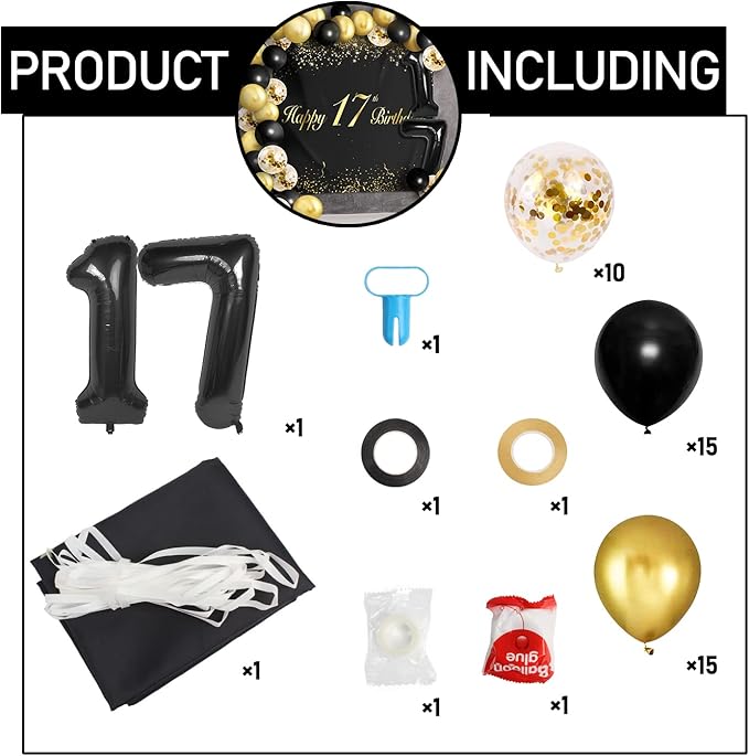 Happy 17th Birthday Balloons Black Set Decor - Cheers to 17 Years Old Party Theme Garland Banner Backdrop Decorations For Boy and Girl Supplies