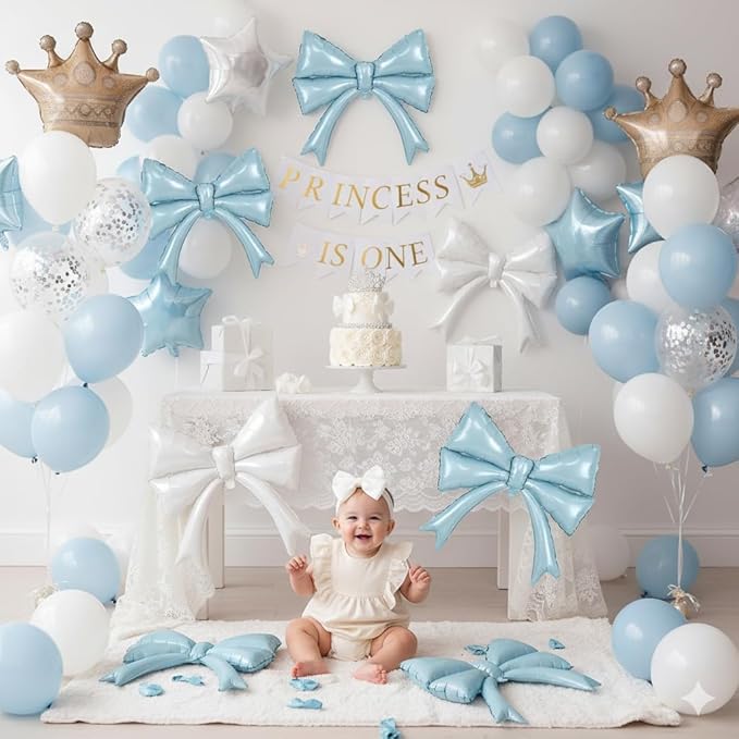 2pcs Dusty Blue Bow Balloons for Bow Party Decorations, Giant Light Baby Blue Mylar Foil Balloon for Coquette Party Decor Bow Themed Sweet 16 Birthday Bridal Baby Shower Bachelorette Wedding Supplies