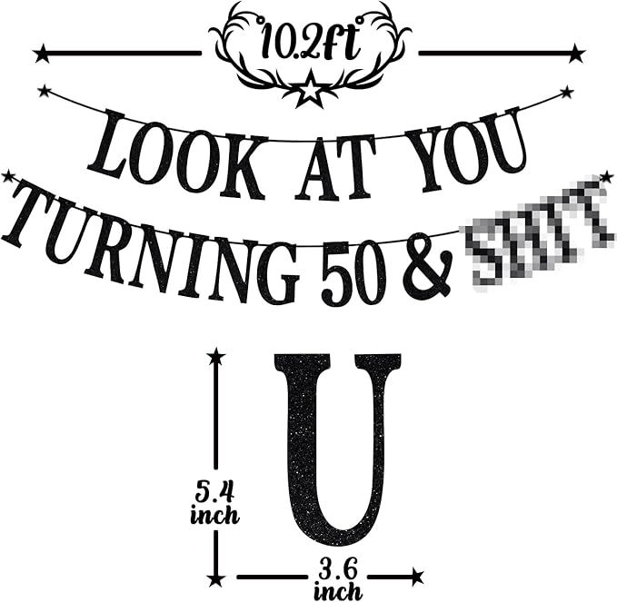 Black Glitter Look at You Turning 50 & Sh*t Banner, Happy 50th Birthday/Level 50 Unlocked/Cheers to 50 Years, Funny 50th Birthday Party Decorations Supplies