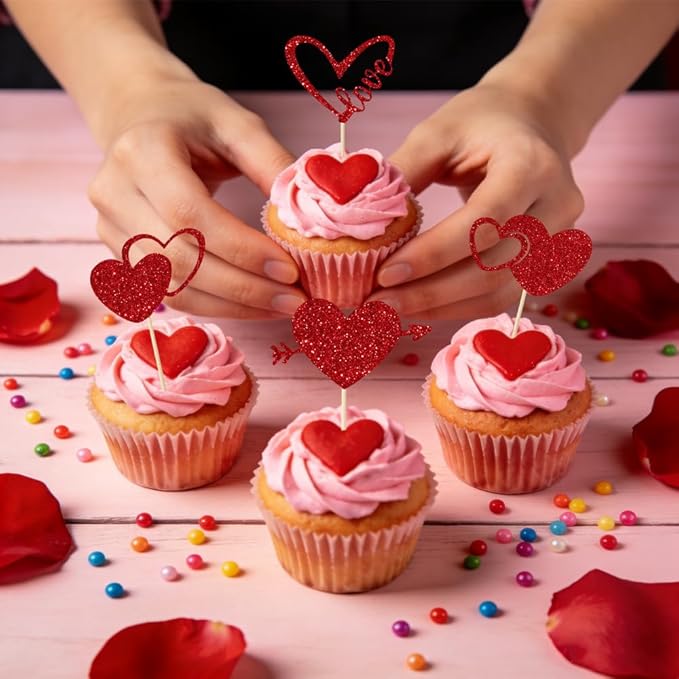 Valentines Cupcake Toppers, 24 PCS Glitter Red Heart Cupcake Picks, Valentines Cake Decorations Heart Love Food Picks Cupcakes Toppers for Valentine's Day Party Decorations Supplies