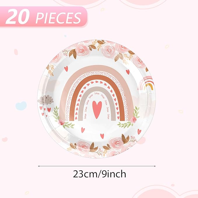 20Pcs 9 Inch Boho Rainbow Disposable Plates Boho Rainbow Birthday Party Decorations Dinner Paper Plates, for Boho Birthday Party Baby Shower, Festival Chic Celebration Decorations Supplies