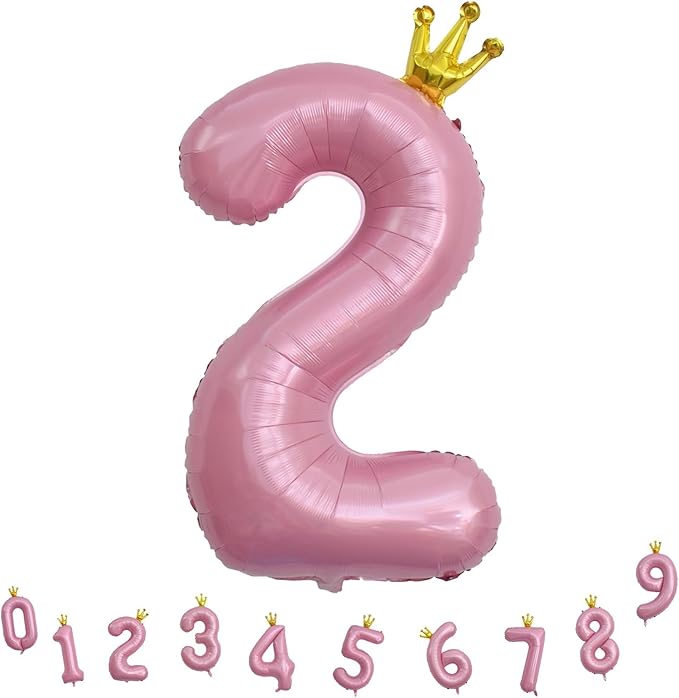 40 Inch 2nd Birthday Number Balloon, Pearl Pink Foil Giant Number Balloons 0-9 with Crown, for Kids Girls Women 20th Birthday Party Decor Baby Shower Anniversary New Year Party Decoration Supplies