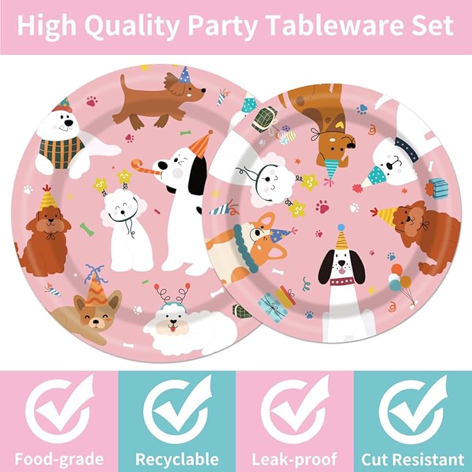 96 Pcs Dog Plates and Napkins Party Supplies, Dog Theme Party Decorations, Pink Puppy Tableware Set Decors Favors Disposable Dinnerware Serve 24 Guests