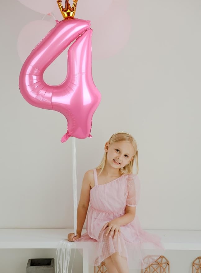 40 Inch Crown Pink Number 4 Balloon, Big Conjoined Baby Pink Foil Mylar Helium 4 Balloon | Girls 4th Birthday Party Balloons Princess Theme Birthday Party Decorations Supplies Favors