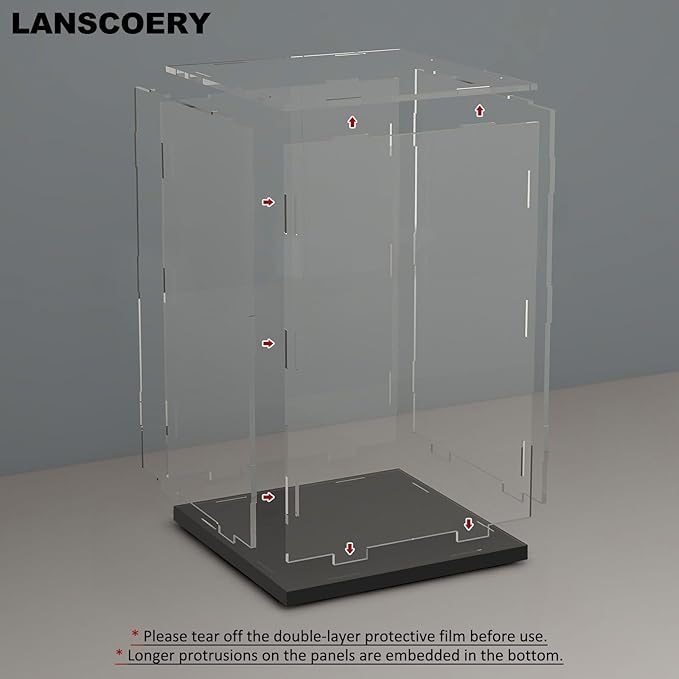 LANSCOERY Acrylic Display Case, Assemble Large Showcase Display Box for Collectibles, with Dustproof & Seamless Display Design, Compatible with Bearbrick 1000% 16x12x29.5inch Thick Black Base