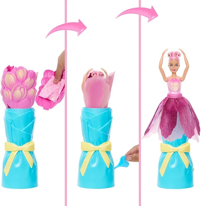 Barbie Petal Pop Scented Doll with Pink Tulip Dress & Accessories, Bouquet Reveal with Pet Bunny & Surprises Like Watering Can, Necklace & Earrings