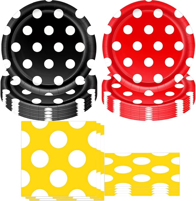 Mouse Party Decorations Red Black Yellow Polka Dot Tableware Set, include 20 Plates and 20 Napkins, for Mouse Color Boys Girls Party Supplies