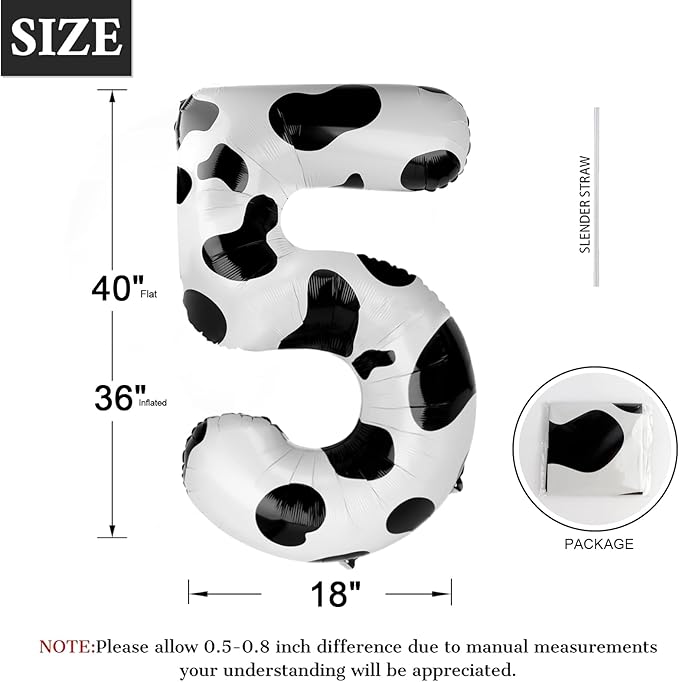 Cow Print Number Balloon Birthday Decorations, 40 inch Number balloon 0-9(Zero-Nine), Cow Balloon for Farm Birthday Party Supplies, Cow Themed birthday party Decorations (Number 5)