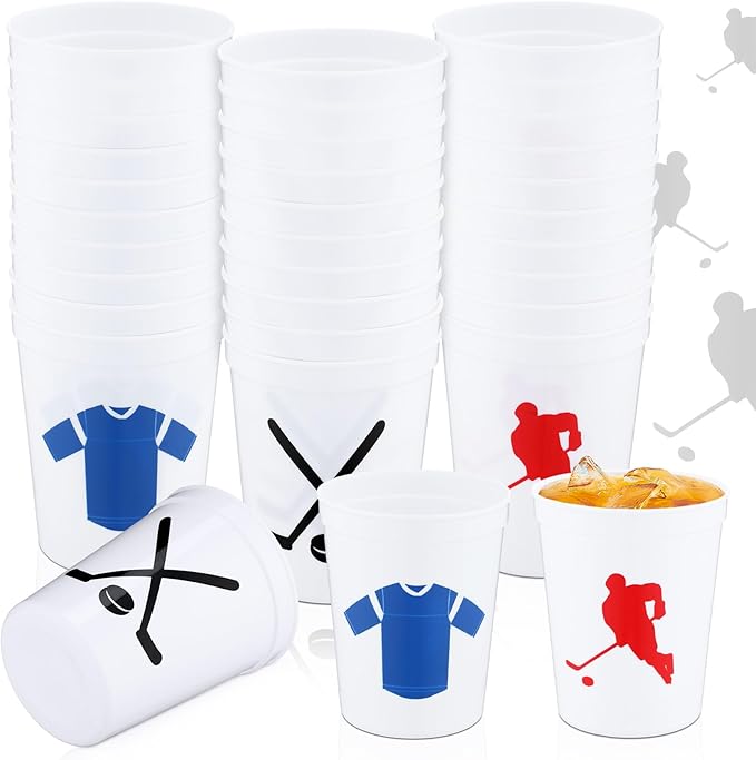 Zhehao 30 Pcs Sport Ball Plastic Cups Hockey Football Basketball Plastic Reusable Drink Cups Bulk 16 oz Stadium Tumbler Stackable Sports Tumbler for Sport Party Supplies(Hockey,White)