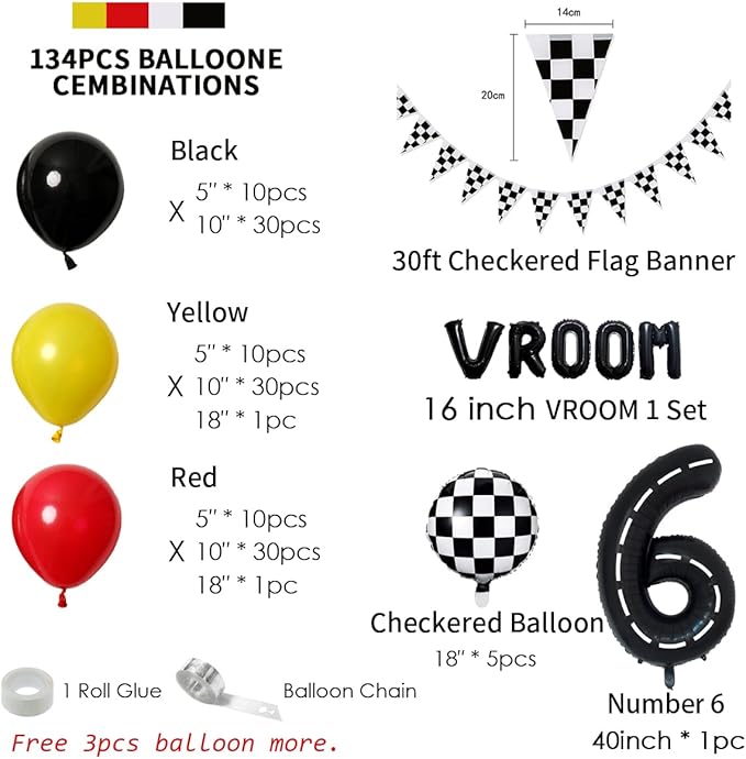 134pcs Race Car Balloon Birthday Party Supplies Decorations for Boys - Racing car Theme Party Supplies Happy Birthday Racecar Number Balloons Garland Kit Birthday Party (Arch, 6)