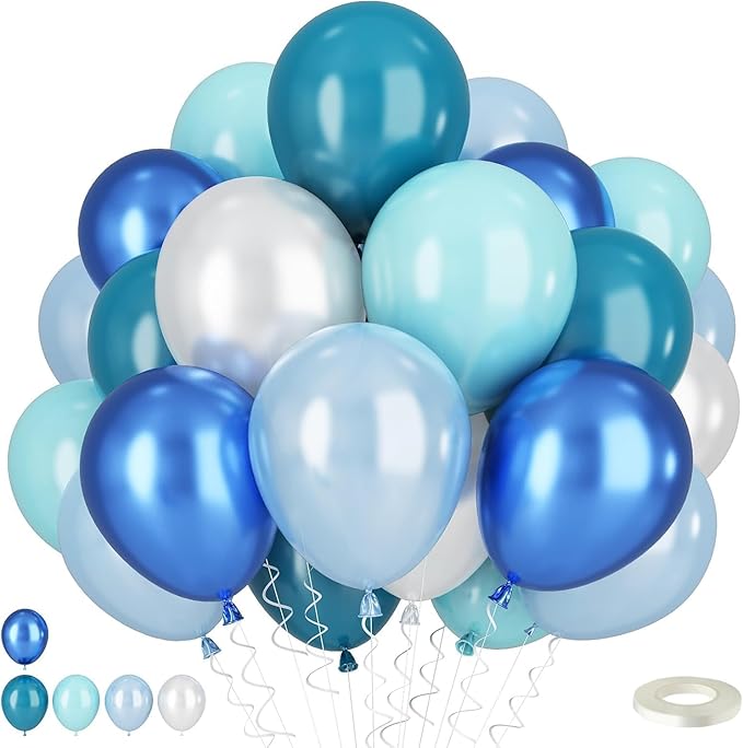 Teal Blue White Balloons 12Inch Under The Sea Balloon Ocean Balloons Turquoise Pearl Metallic Blue and White Latex Balloon for Boys Men Birthday Baby Shower Pool Beach Party Decorations
