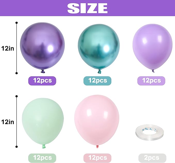 Togvu Mermaid Party Balloon Set, 60 Packs 12 Inches Metallic Purple Pink Green Blue Latex Balloons for Girls Birthday Decoration, Baby Shower, Birthday, Under The Sea Decorations QQ-5023