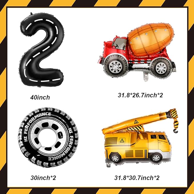 2nd Birthday Decorations for Boys Construction Balloons 40inch Number 2 Balloons Truck Foil Balloon for Construction Birthday Party Decorations Supplies