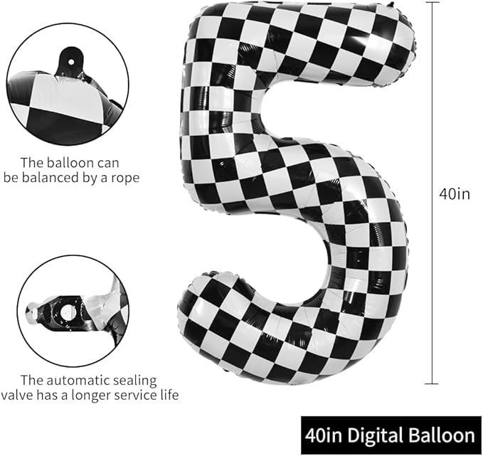 TONIFUL 40 Inch Checkered Number 5 Balloon 5th Race Car Birthday Party Supplies Black and White Large Number Balloon for Girls Boys 5th Birthday Fast Race Car Flag Party Decorations