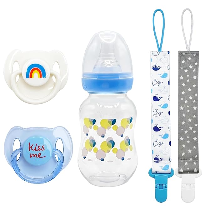 5Pcs Reborn Baby Doll Accessory Set - Rainbow & Kiss Me Magnetic Pacifiers, Baby Bottle, Whale and Star Pattern Pacifier Clips, Blue Style for Reborn Doll Girls Boy