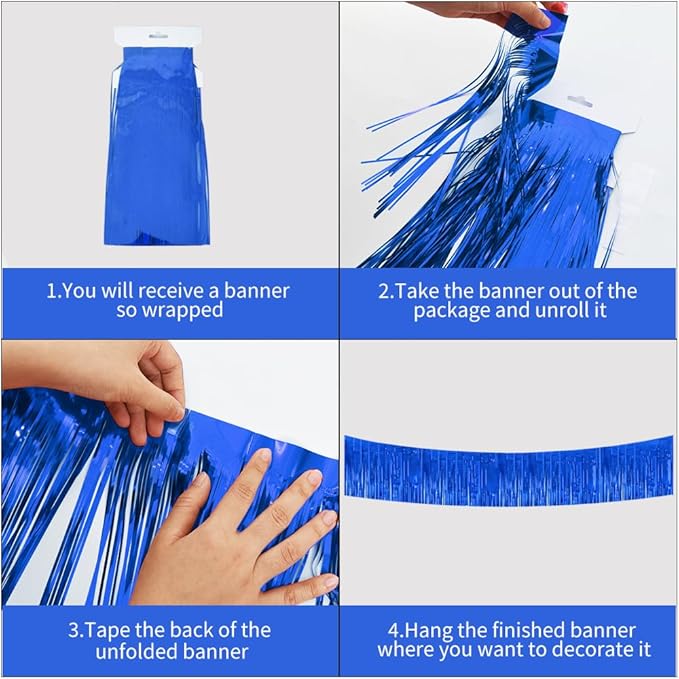 BEISHIDA 3 Packs Metallic Foil Fringe Garland Blue Wall Hanging Tinsel Fringe Banners for Valentine New Year Floats Bridal Shower Wedding Birthday Halloween Holiday Party Decoration(30 Feet)