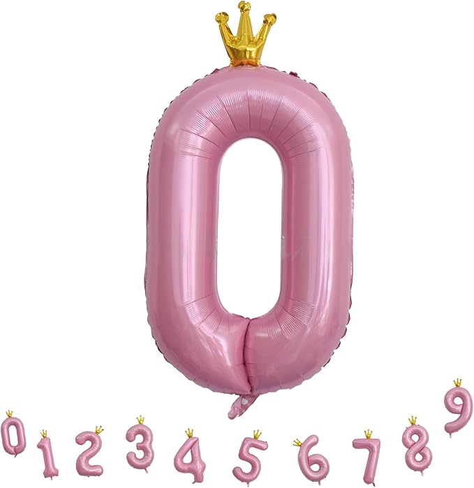 Light Pink Number 0 Balloons for Girls, 40 Inch Foil Large Pastel Pink, Crown 0-9 Set Number Balloon for Women Birthday Party Baby Shower Anniversary Graduation New Year Party Decoration Supplies