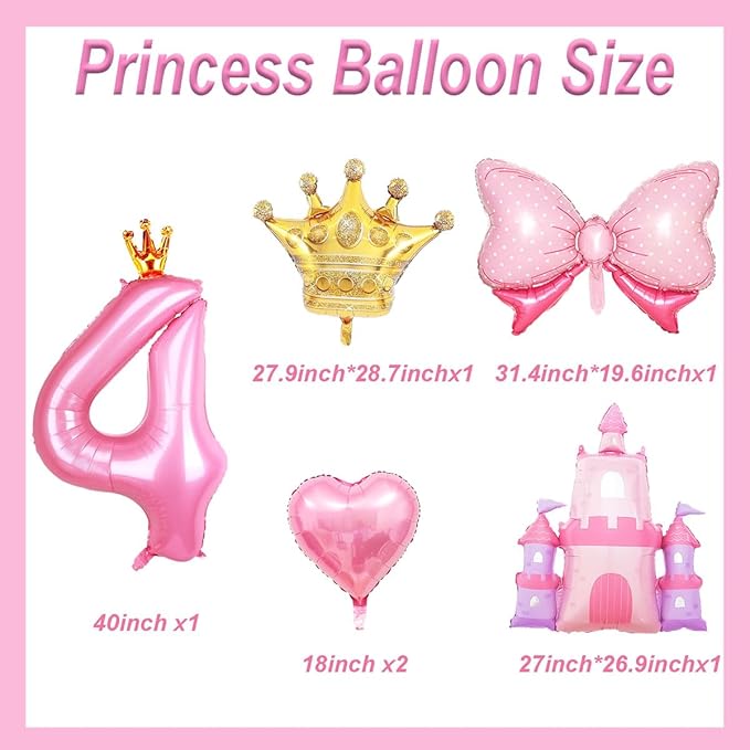 Princess Balloons for 4th Birthday Decorations Girl Pink Castle Balloon Large Pink Crown Number 4 Balloons for Princess Birthday Party Decorations Supplies