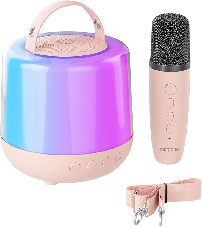 Karaoke Machine for Kids, Portable Bluetooth Speaker with Wireless Microphone & RGB Lights, Magic Voice Effects for 3-12+ Girls Christmas Home Party (Pink)