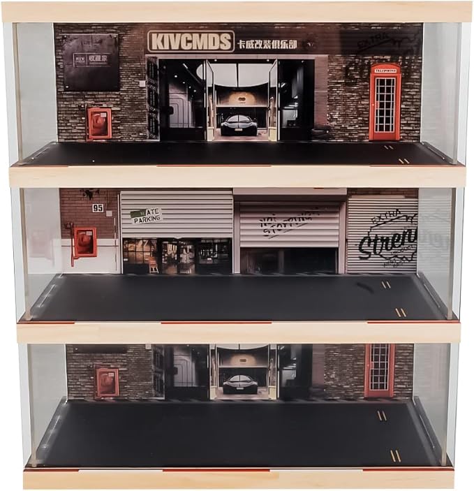 1:24 Scale 3-Tier Vehicle Display Case with Parking Lot Scene for Sports Car & Lego Collectors, Display Stand for Alloy Car Model Toy (3-Tier Auto Repair Store Scene)
