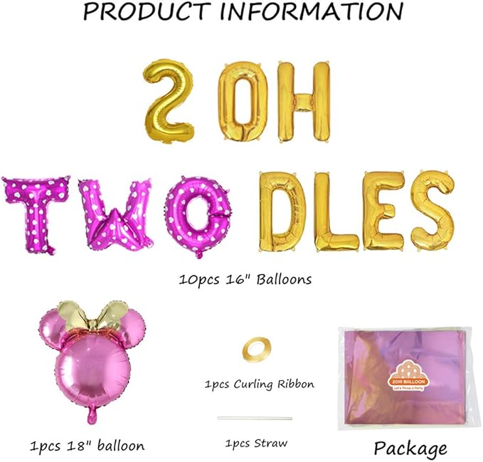Pink Oh Twodles Balloon Birthday Banner Party Supplies Number 2 Balloon for 2nd Second Girl Birthday Party Decoration 13PCS Kit of Geloar (Pink)