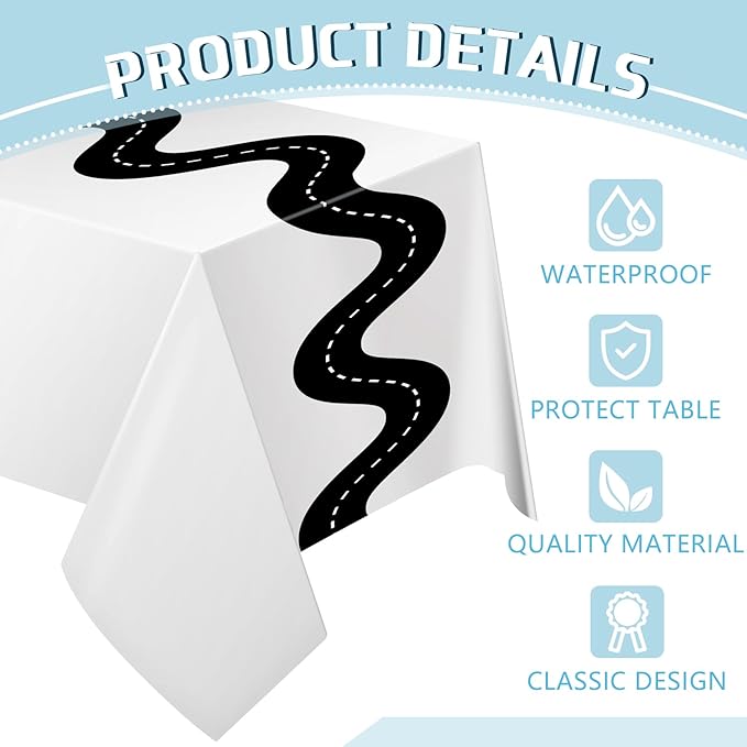 Irenare 6 Pcs Racing Table Cloths Car Birthday Party Supplies 54 x 108 Inch Racetrack Table Runner Covers Disposable Rectangular Road Tablecloth for Kids Boy Car Theme Birthday Party Decor (White)