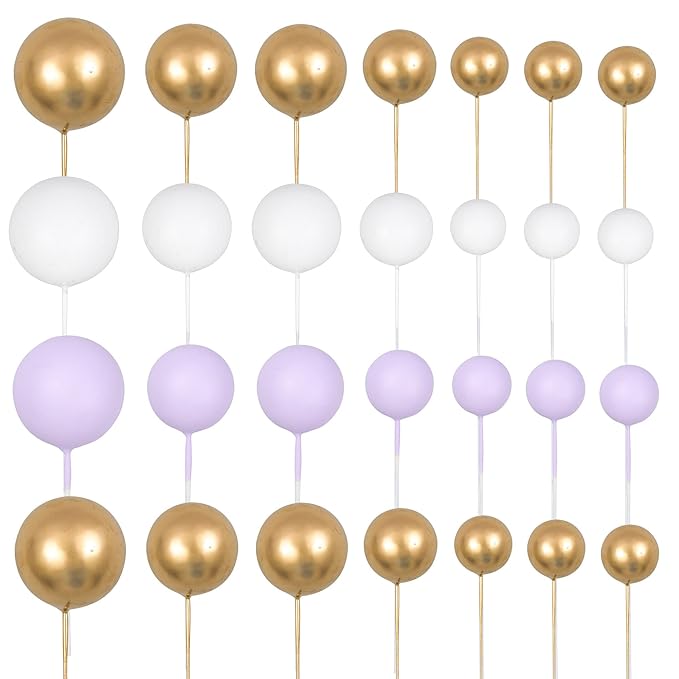 Gyufise 30Pcs Ball Cake Topper Ball Cake Picks Colorful Pearl Ball Shaped Cupcake Insert Cake Topper for Babyshower Birthday Party Favors Wedding Decoration Supplies Purple White Gold