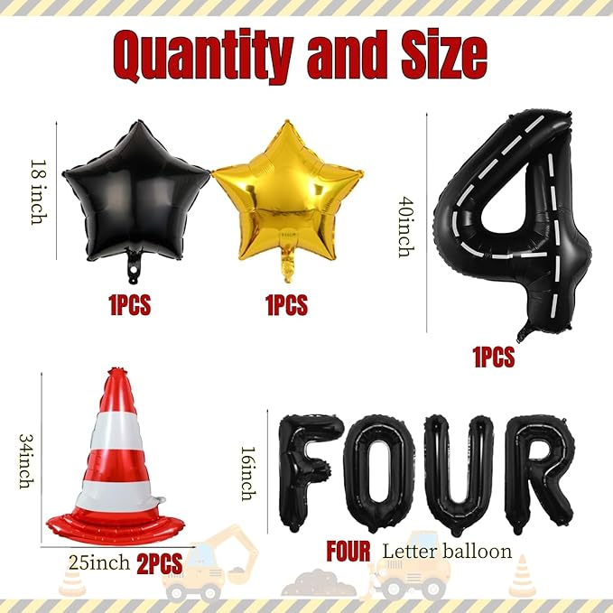 14pcs Construction Theme Birthday Party Decorations, Number 4 Large Construction Truck Traffic Cones Foil Balloon, 4th Boy Birthday Party Decoration Supplies (4th)