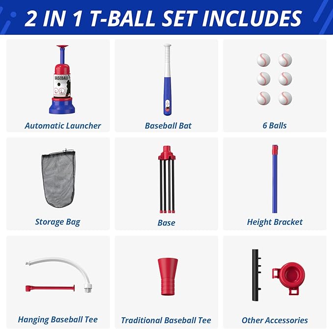 3-in-1 Baseball Set for Kids 3-5 - Tee Ball Stand, Hanging Tee, Ball Launcher and 6 Softballs - Adjustable Height, Indoor/Outdoor Sport Gifts for Boys Girls, Blue