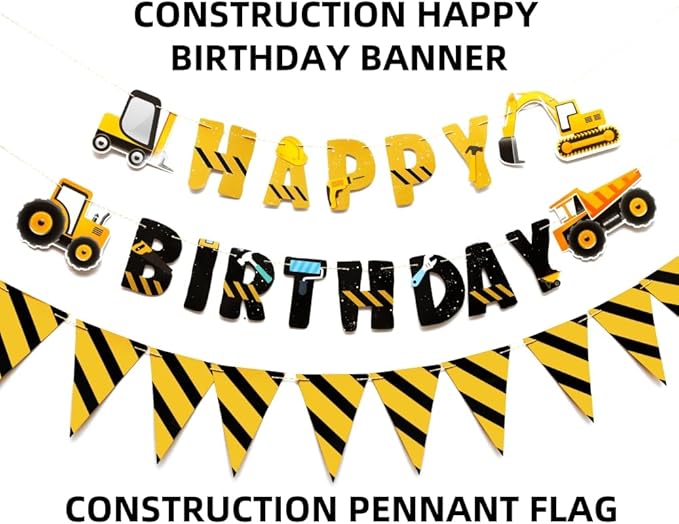 3 Packs Construction Happy Birthday Banner and Construction Pennant Flags Bunting Banner Decorations Construction Birthday Party Supplies for Boys Birthday Party (Construction)
