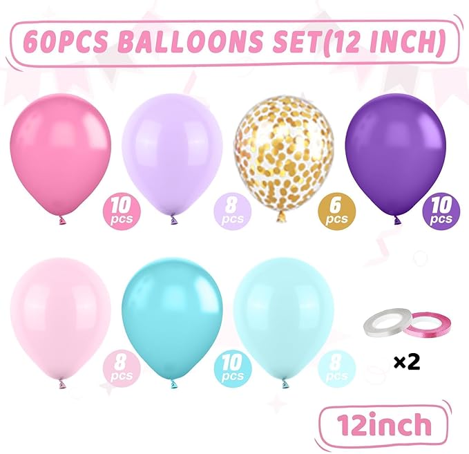 Pink Blue Purple Balloons, 60Pcs 12 Inch Pastel Macaron Pink Purple Teal Blue Gold Confetti Birthday Balloons for Girls Princess Birthday Party Wedding Baby Shower Decorations