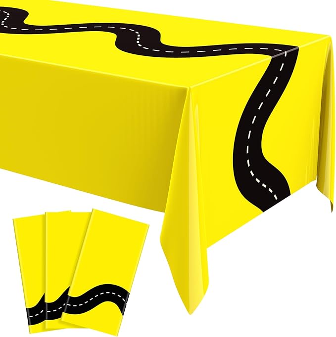 Irenare 3 Pcs Racing Table Cloths Car Birthday Party Supplies 54 x 108 Inch Racetrack Table Runner Covers Disposable Rectangular Road Tablecloth for Kids Boy Car Theme Birthday Party Decor (Yellow)