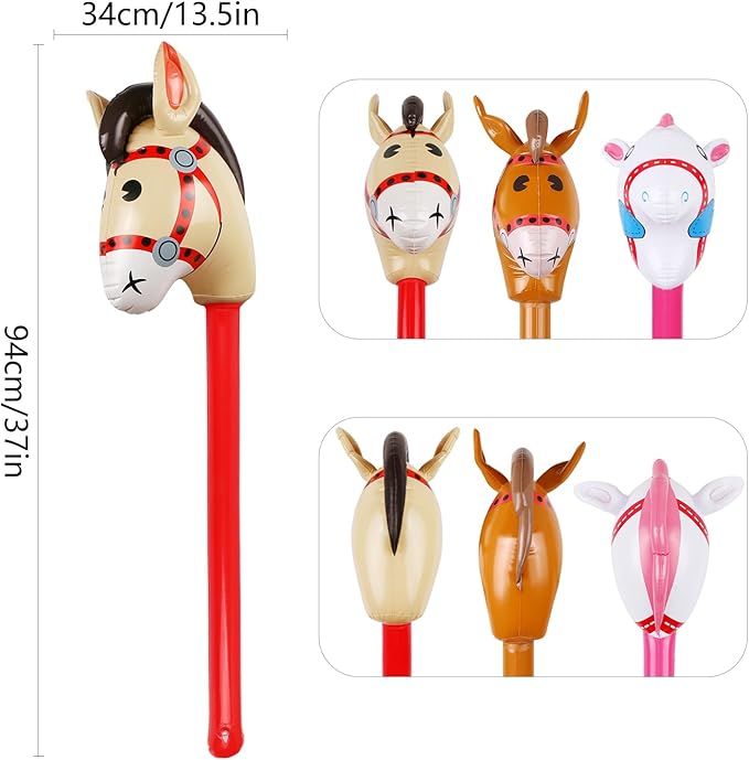 12PCS Inflatable Stick Horse,Blow Up Horse Head on Stick Pony Costume Western Cowboy Cowgirl Baby Shower Birthday Party Decorations Halloween Supplies Favors Props, 38 Inches (Multicolor)
