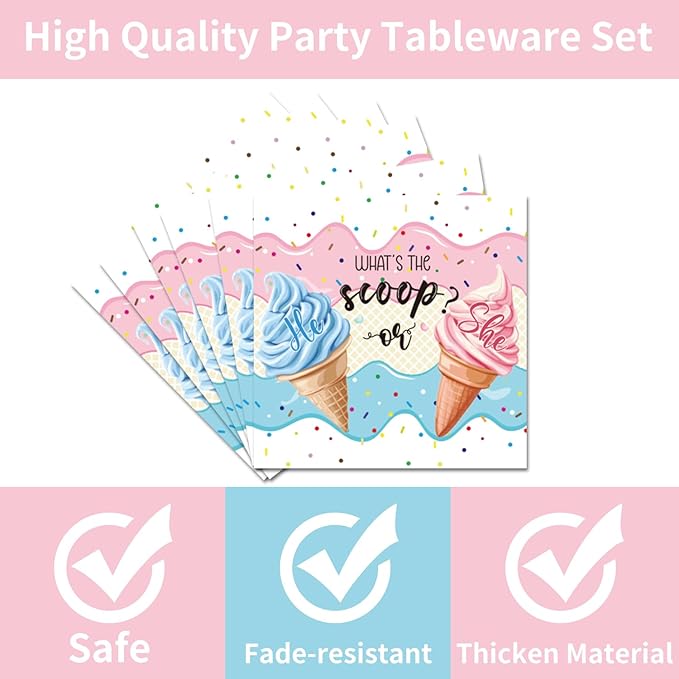 96PCS Whats The Scoop Plates and Napkins Party Supplies Whats The Scoop Gender Reveal Decorations Ice Cream Gender Reveal Party Decorations Disposable Paper Tableware Set Serves 24 Guests