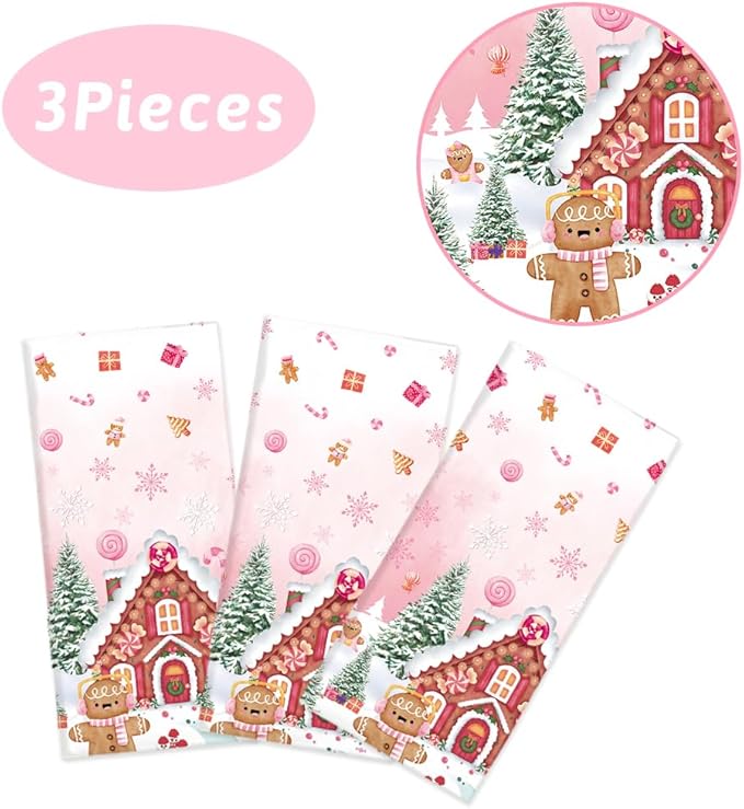 3 Pcs Pink Gingerbread Christmas Tablecloth - Gingerbread Man House Winter Cookie Plastic Table Cover for Family Holiday Decoration - 108 x 54 Inch