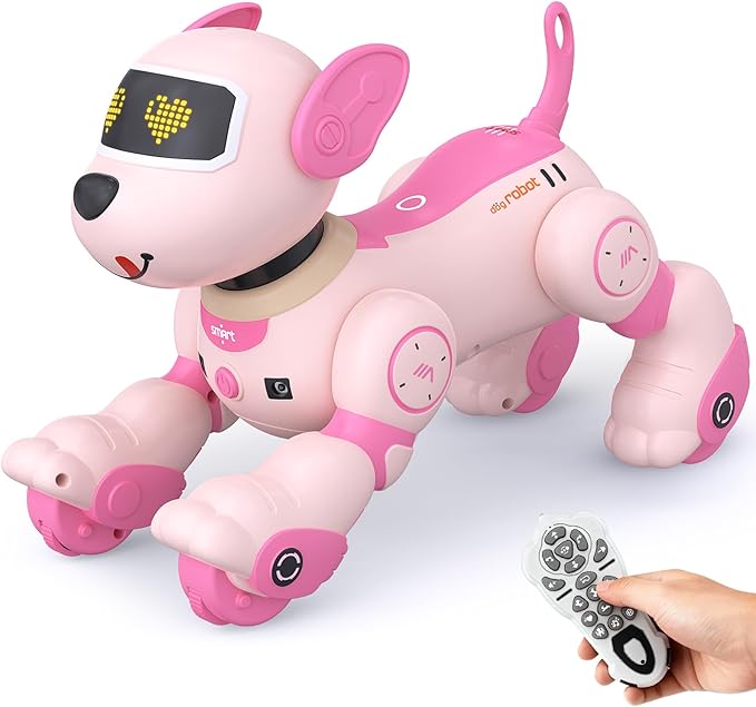 PRANITE Robot Dog, Programmable Remote Control Dog Toy for Kids with One-Key Following, Voice Control, Touch, Dance, Sing, Smart RC Stunt Puppy Toy Gift for Boys Girls (Pink)