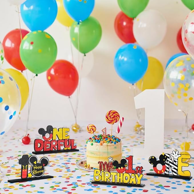 TONIFUL Mouse 1st Birthday Party Supplies 1st Table Centerpieces - Red Mouse Theme Design and Sturdy Wooden for One Year Old Birthday Party Favors 1st Birthday Party Decorations (4 Pcs)