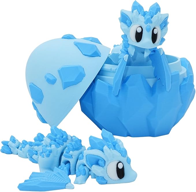 3D Printed Crystal in Egg – Articulated Ice Dragon Figure with Detailed Eggshell – Fantasy Collectible (Blue 1 Dragon and 1 Egg)