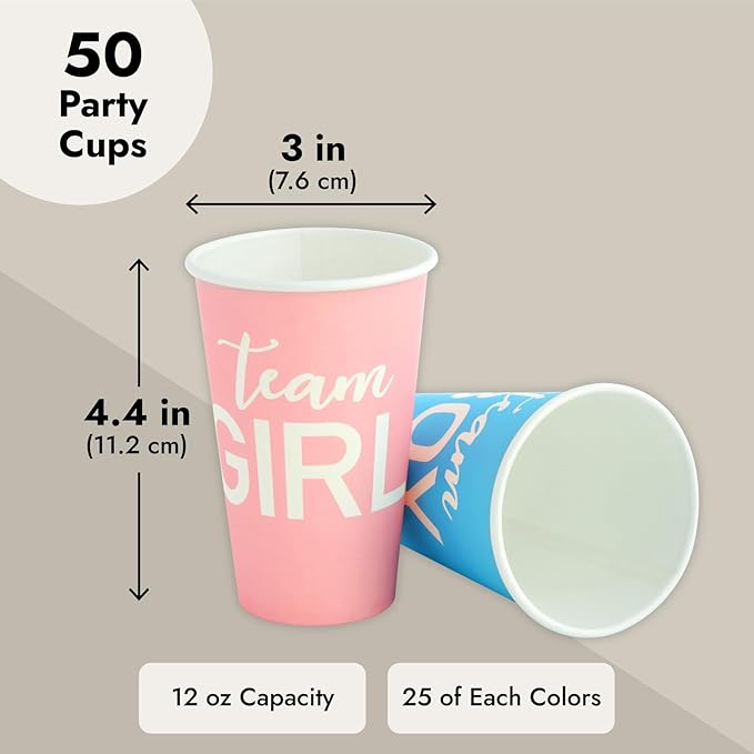 Paper Party Cups, Gender Reveal Party Supplies (12 oz, Pink and Blue, 50-Pack)