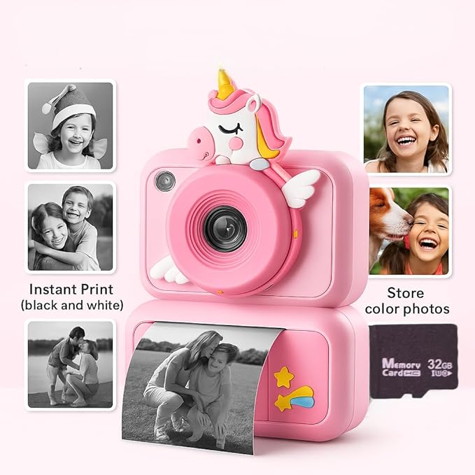 Kids Instant Print Camera, 2.4" HD Screen Instant Camera, Dual 3MP Kids Camera, 1080P Video, MP3 & Games, Includes Printing Paper & Lanyard, Gift for Boys & Girls (Pink-Color Printing)