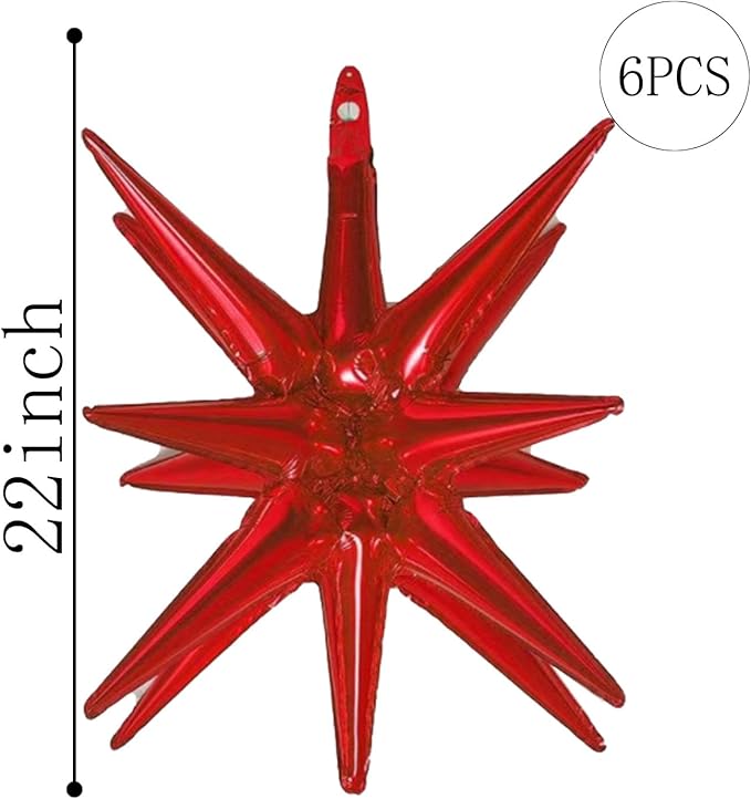 6 Pcs Red Star Foil Balloons One-Piece 14-Pointed Star Balloon 4D Cone Mylar 22inch Christmas Birthday Wedding Fireworks Shape Party Supplies (Red)