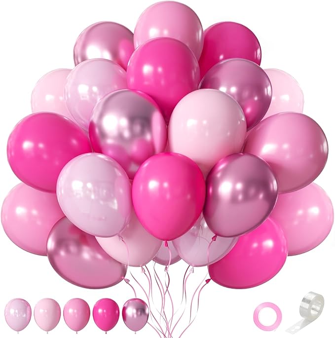 Pink Balloons 60 PCS 12 Inch Hot Pink Balloons Light Baby Pink Metallic Pink Latex Balloons for Girls Birthday Party Baby Shower Bridal Shower Wedding Party Decoration