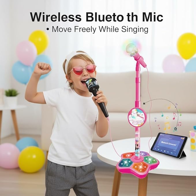 All in One Microphone Toy with Stand, 2026 New Kids Microphone with Music & Light, Speaker & Echo Effects, Adjustable Height, Christmas Birthday Gift (Blue)