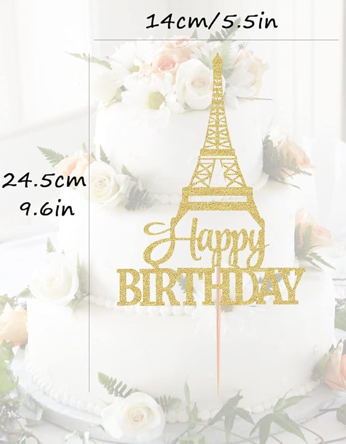 Eiffel Rower Birthday Cake Topper - Gold Glitter Eiffel Rower Theme Birthday Party Cake Decoration Supply - Boy or Girl Architecture Theme Party Cake Decor Photo Prop