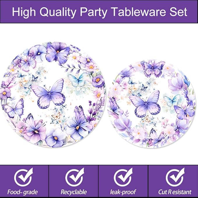 Butterfly Birthday Party Plates Spring Butterfly Disposable Paper Plates Dinnerware for Butterfly Theme Girls Baby Shower 1st 2nd 3rd 4th Bday Party Supplies Decorations