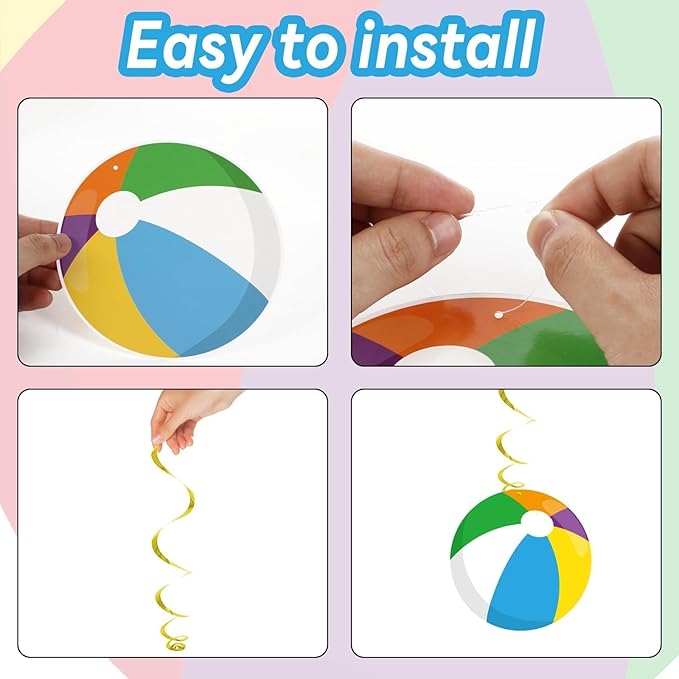 60pcs Beach Ball Party Foil Swirl Decorations Summer Pool Ball Ceiling Hanging Decor Swirls Beach Cutouts Supplies for Birthday Summer Party Favor Indoor Outdoor Decor